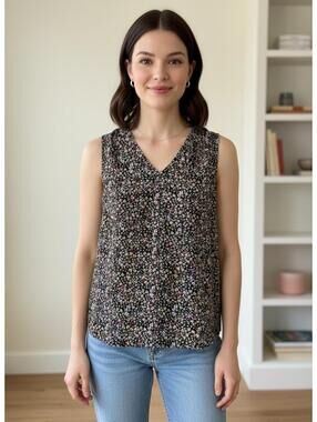 LOFT Black Floral Sleeveless V-Neck Blouse XS